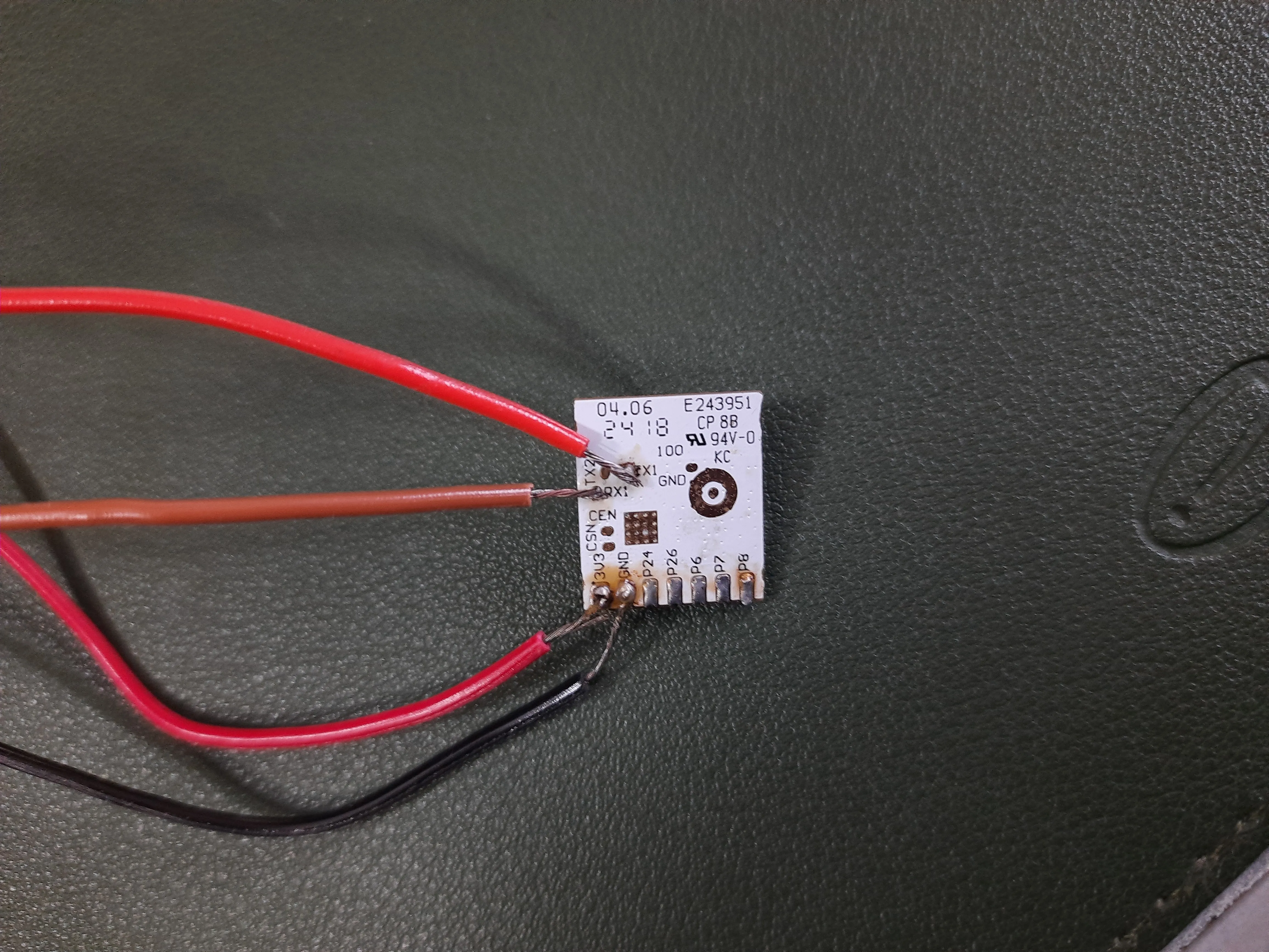 Wired for serial flashing, 3v3, GND, RX, TX connected serial flashing prep